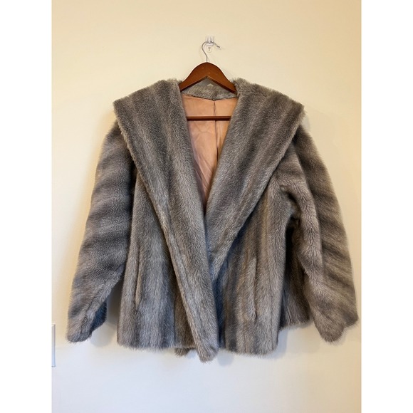 Wink Jackets & Blazers - Vtg Wink Faux Fur Coat Gray Striped Shawl Collar Jacket Winter Retro